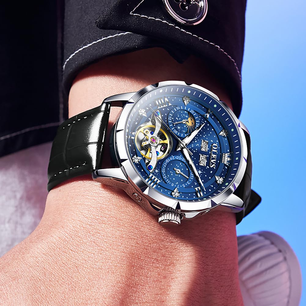 OLEVS Automatic Mechanical Watch with Leather Starry Sky Diamond Skeleton Popular Leather Date Luminous Blue Men's Strap, Dial, Design, Strap,