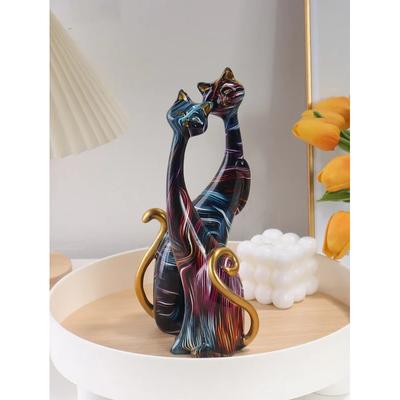 Sculpture Créative de Chat de Couple Aquarelle Matériau Résine Œuvre d'Art Décorative pour la Maison Chambre à Coucher Salon Entrée Couloir Figurine