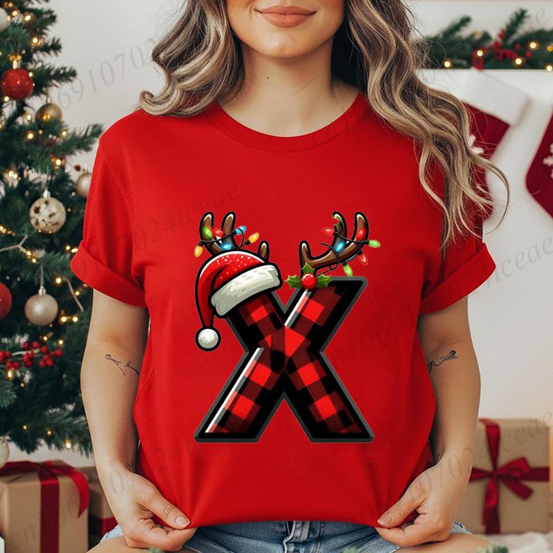 Christmas Alphabet Printed T-Shirt for Women Unisex Fashion Trendy Funny Casual Tops Santa Hat, Reindeer Graphic Tshirt T Shirt