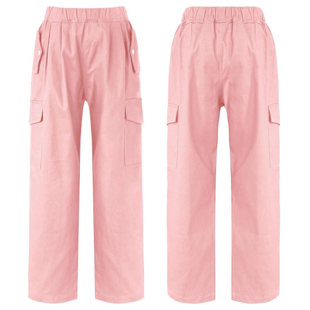 Kids Girls Stylish Clothing Elastic Waistband Cargo Wide Leg Long Pants for Daily Wear