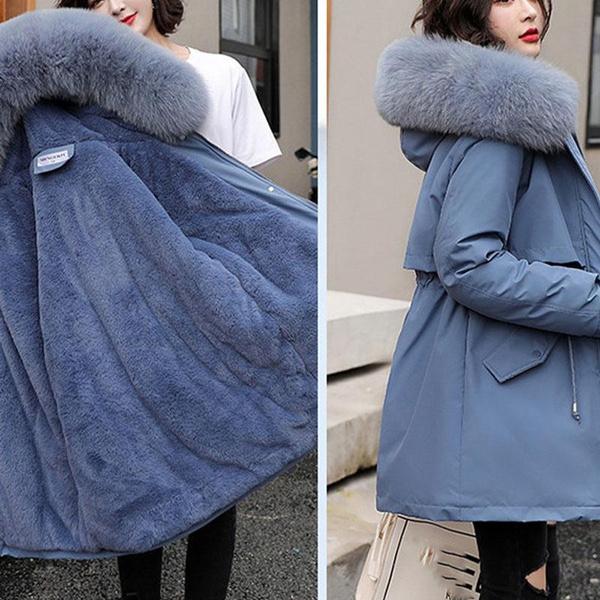 Podzim a zima Nové Dámské Bavlněné Oděvy Móda Plyš s kapucí Zesílený Kabát Parka Střední délka Běžné Dámská Bunda Velká velikost XS-3XL