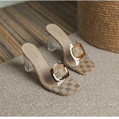 Fashion Transparent High Heels 2024 New Slippers Female Summer Wear Thick Heel Sandals Female Half Slipper Diamond Heel Heels