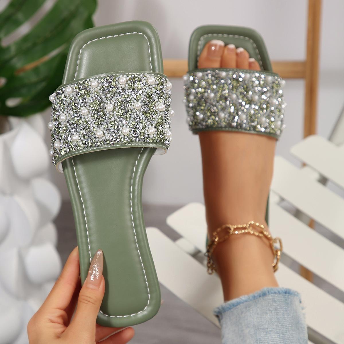 

[Foreign Trade] Flat-bottomed temperament sequined cool slippers women s shoes wear summer soft-soled high-end silver sandals 43 зелёный