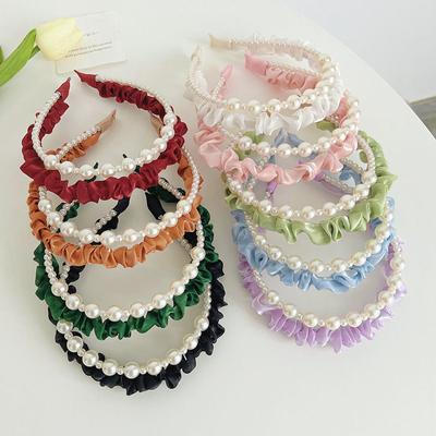 Diadema Sólida Dulce Banda para el Cabello Femenina Malla Perla Doble Fila Tela de Seda Color Brillante