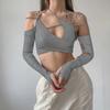 Cyber Y2k Techwear Punk Women Halter Tops Gothic Egirl Patchwork Long Sleeve Crop Top Sexy Cut Out Casual T-shirts