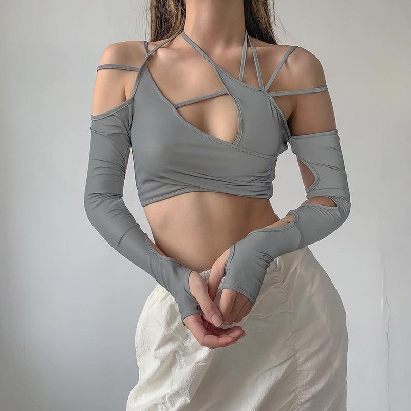 Cyber Y2k Techwear Punk Women Halter Tops Gothic Egirl Patchwork Long Sleeve Crop Top Sexy Cut Out Casual T-shirts