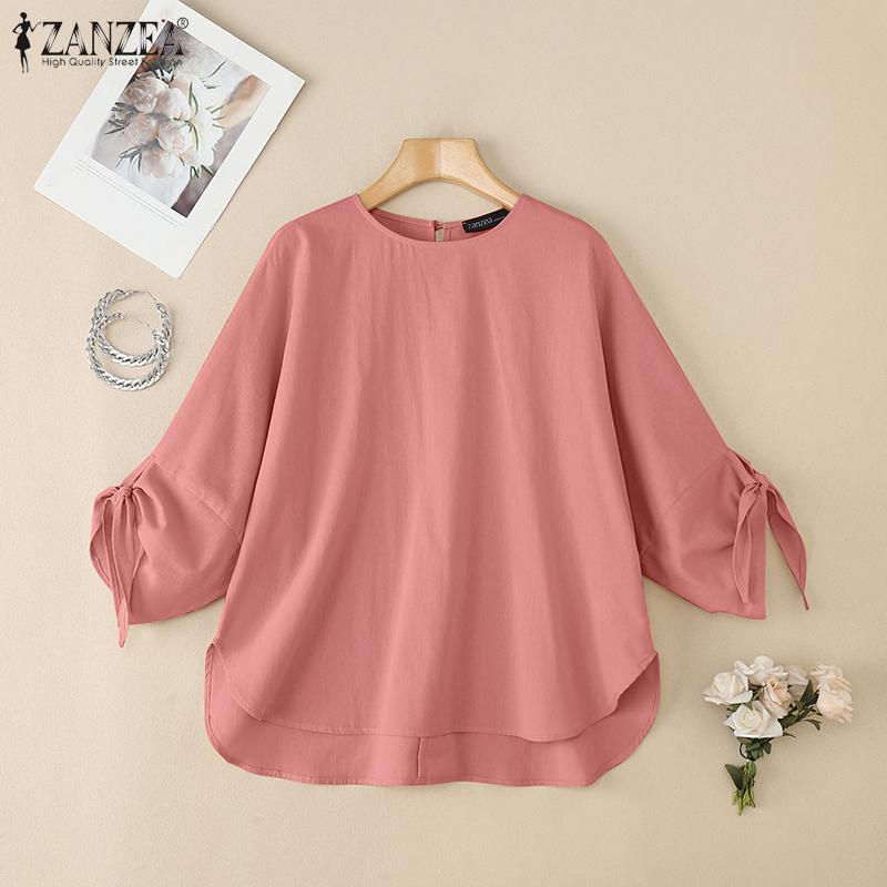 

ZANZEA Vintage Womens Knot 3/4 Sleeve Casual Loose Solid Cotton Blouse 5XL