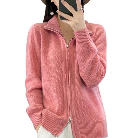 Women Knitted Sweater Coat High Collar Long Sleeve Double Zipper Placket