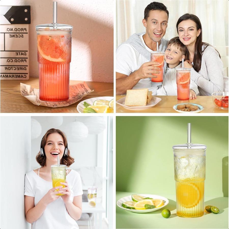 Glass Cups with Lids and Straws 22 Oz High Borosilicate Clear Iced Coffee Glass Tumblers Drinking Glass Smoothie Tea Water Cups