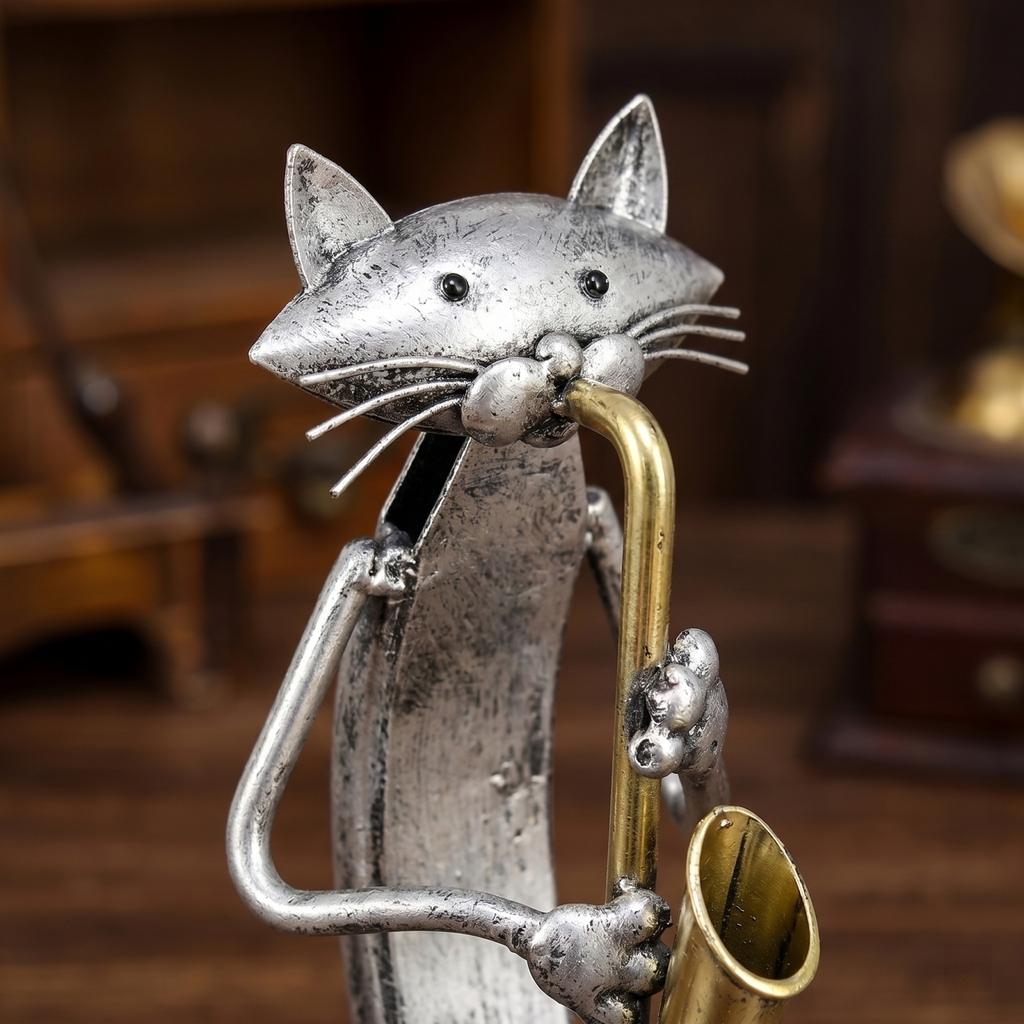 Metal Cat Figurine Playing Saxophone Unique Home Decor Sculpture Music Lover Gift Decorative Art Piece for Indoor Display