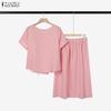 ZANZEA Two Piece Suit Women Short Sleeve Tops and Midi Pleated Skirts Elegant Sets