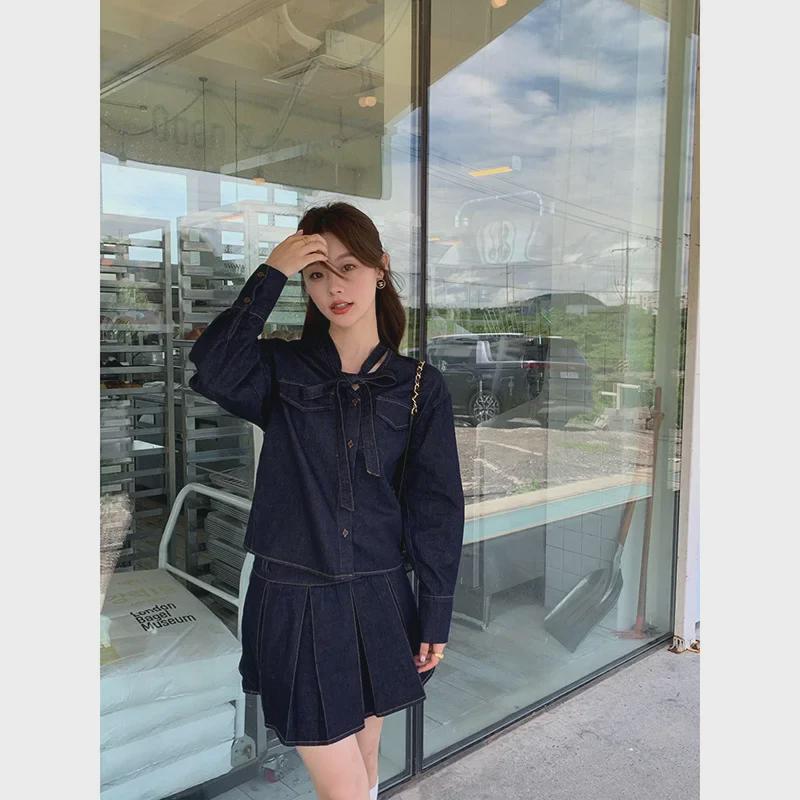 

Autumn 2024 Retro Hong Kong Style Women s Lace-Up Denim Shirt Small синій