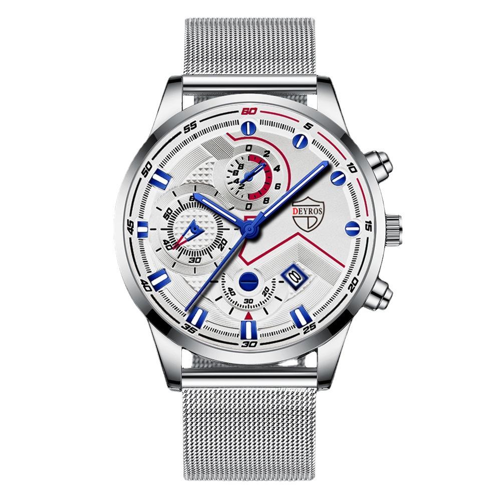 Men'S Stainless Steel Mesh Strap Watch Fashion Calendar Luminous Quartz Watch