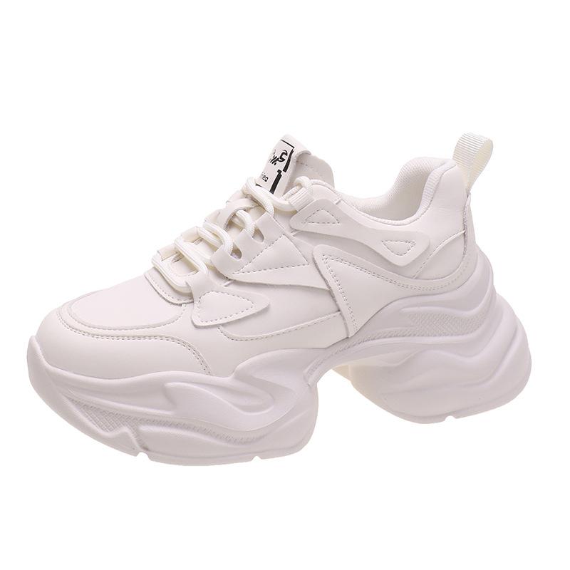 Comfortable Women's Dad Shoes Thick Sole Heightening  Spring Autumn Pure Color Adult Laced Polyurethane Casual Sports Shoes