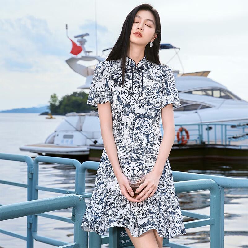Xiangying Women s New Chinese Style Ink Print Puff Sleeve Dress S