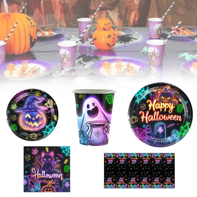 Party Halloween Tableware Set Luminous Plate Cups Napkins Tablecloth Celebration