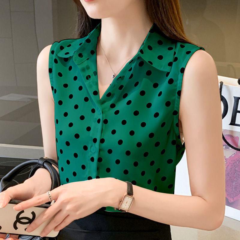 Fashion Summer Tank Blouses Korean Commuter Printed Polka Dot Polo Collar Sleeveless Chiffon Loose Button Women's Shirts