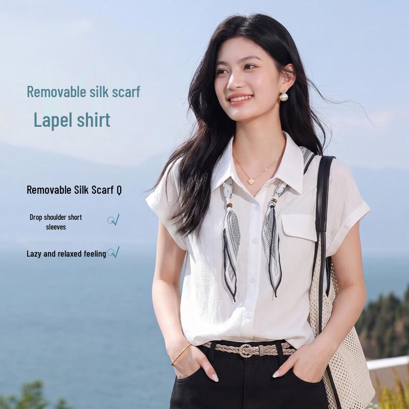FivePlus Detachable Scarf Lapel Short Sleeve Shirt L