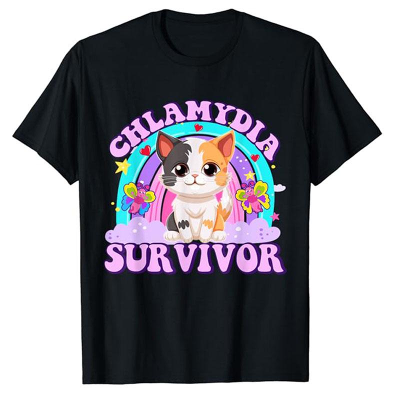 Chlamydia Survivor Cat Meme Funny Shirts for Men Adult Humor T-Shirt Cat Oddly Specific Graphic Tee Kitty Lover Kitten Clothes