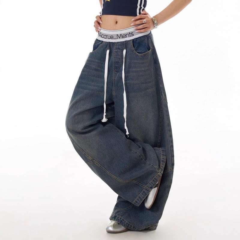 Men Women Wide Leg Straight Cut Denim Pants With Contrast Waistband Vintage Washed Cotton Blend Casual Trousers