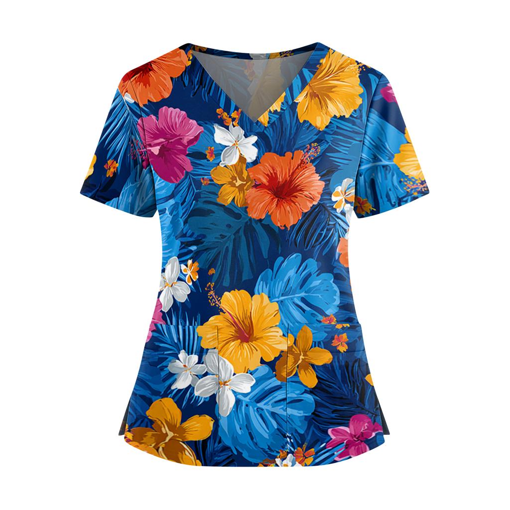 Women's Hawaiian Print V-Neck Double Pocket Short Sleeve Uniform/ Top