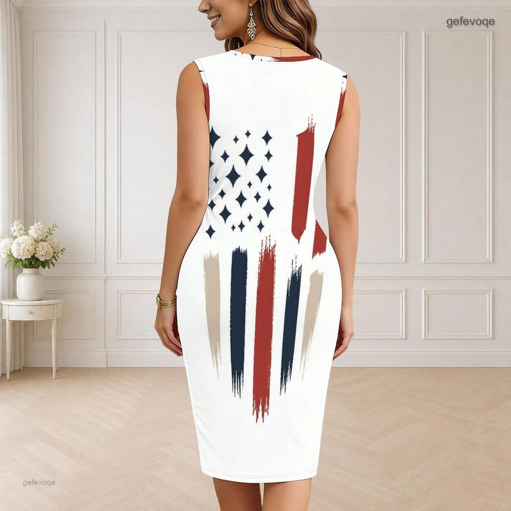 Women Plus Size V Neck Sleeveless American Flag Printed Bodycon Midi Dress