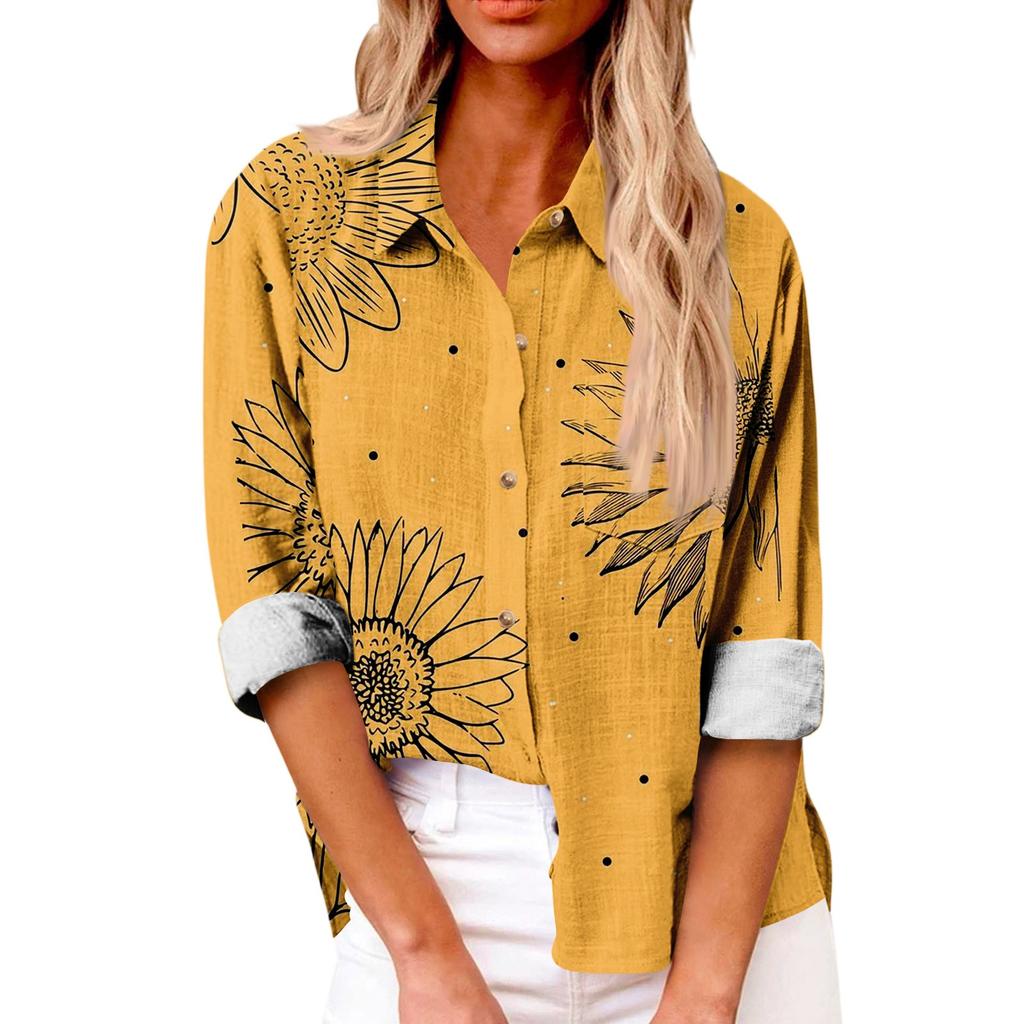 Women's Loose Floral Print Stand Collar Long Sleeve Cotton And Linen Top