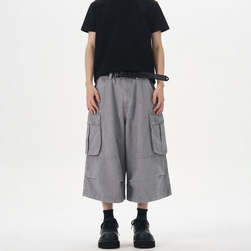 Kisko American Retro Washed Vintage Multi-Pocket Wide-Leg Cargo Pants Unisex Trendy Casual Loose Cropped Pants