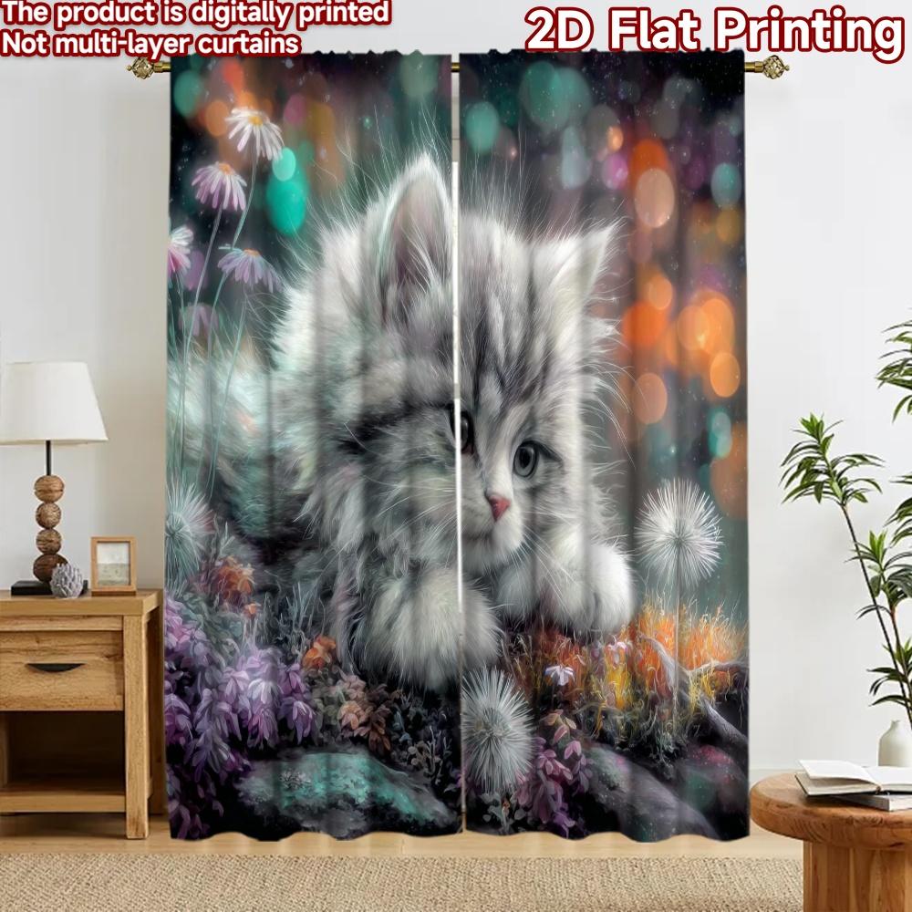 2D Flat Printing 2pcs Curtain Curtains Dreamy Kitten with Flowers Digital Printed Polyester Drapes Festive Wall Decor for New