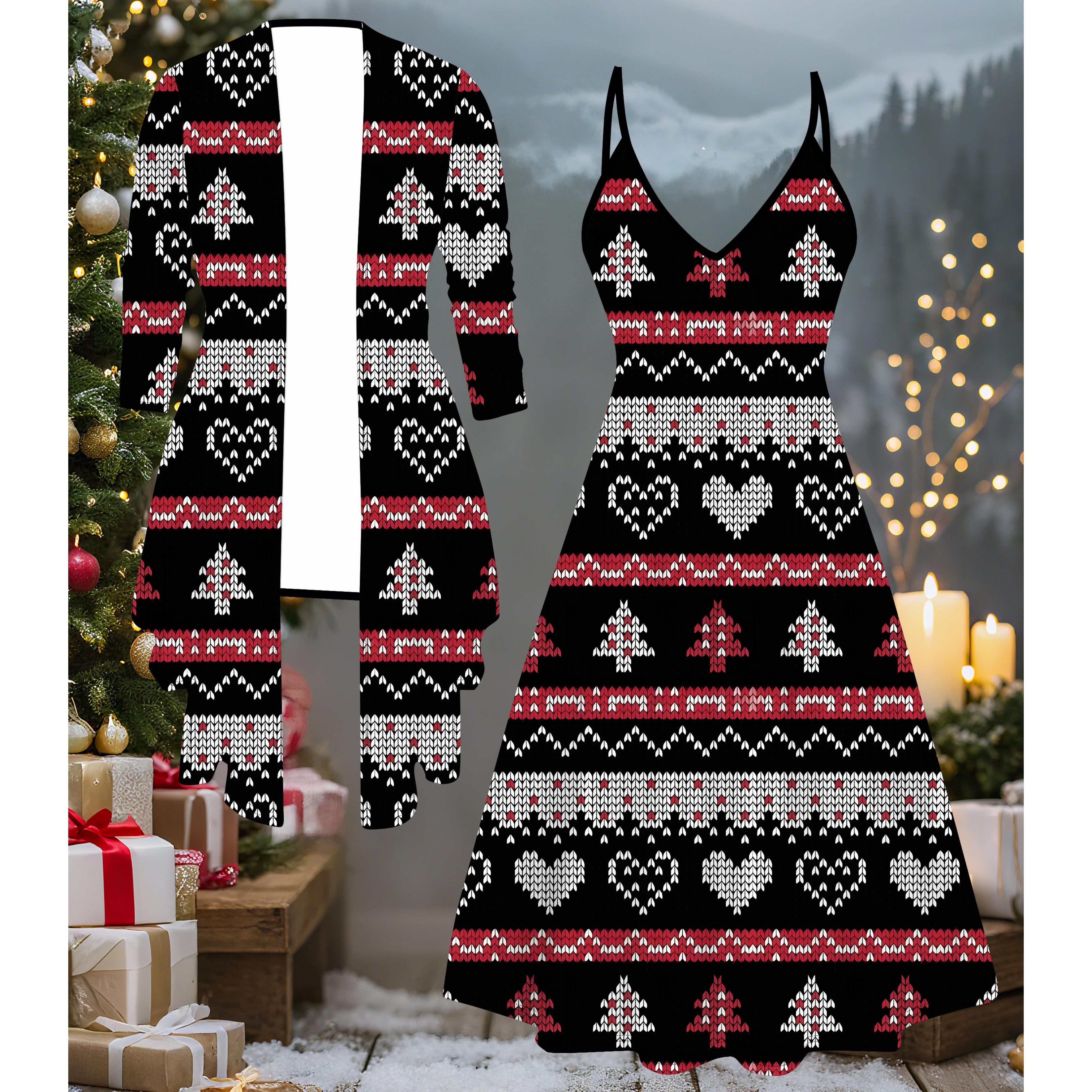 

3D Рождественский Принтованный Набор Платье Пальто на День Святого Валентина, Эксцентричный Классический Тотем Модный Принт, подходит для Различных Сцен Модных Стилей S красный