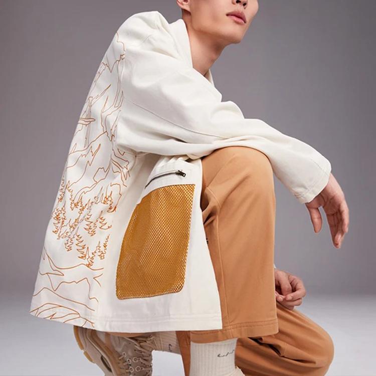 Li-Ning Landscape Print Back Graphic Turn-Down Collar Single-Breasted Jacket Men Jackets White AFDS237-2