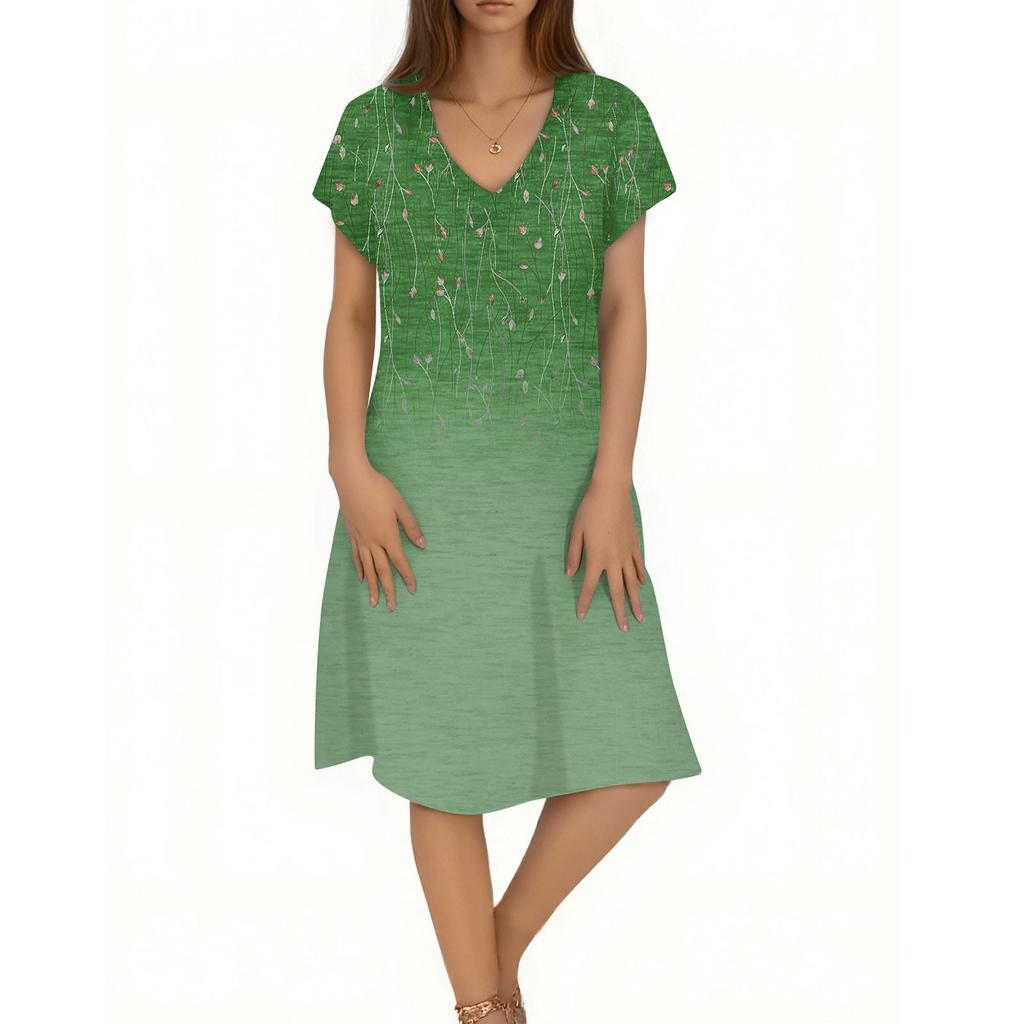 Women's Casual Fashion V-Neck Short Sleeve Floral Print Midi Flowing Dress