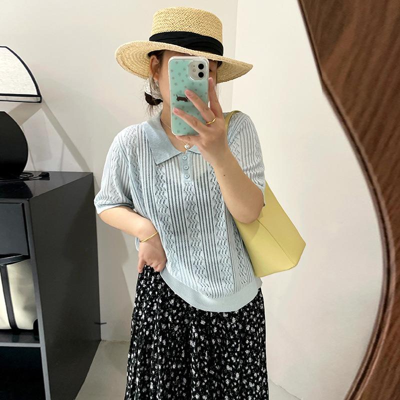 Damski letni luźny sweter z ażurowej dzianiny z krótkim rękawem w dużym rozmiarze