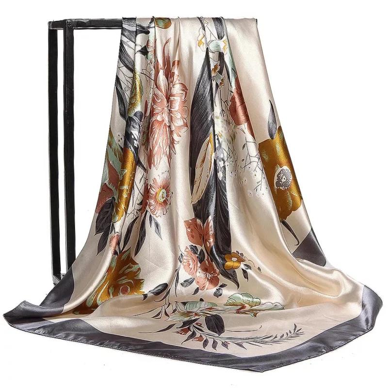 90*90Cm Satin Scarf For Women Cashew Flower Print Chain Scarf Spring And Summer  Style Shawl Scarf For Women   Style
