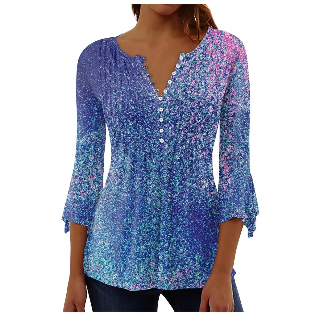 Damen Bluse mit Knopfleiste, Blumenmuster, Oberteil, Sommer, lässig, 3/4-Ärmel, V-Ausschnitt