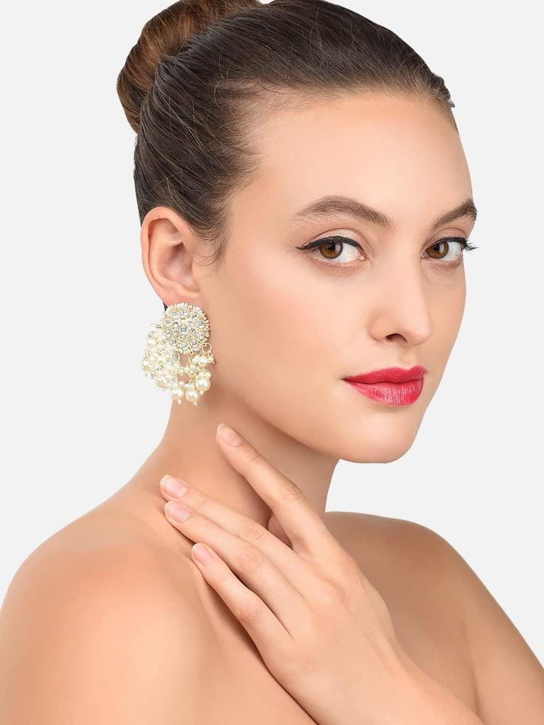 Gold Tone Kundan & Pearls Wedding Collection Dangle Earring For Women