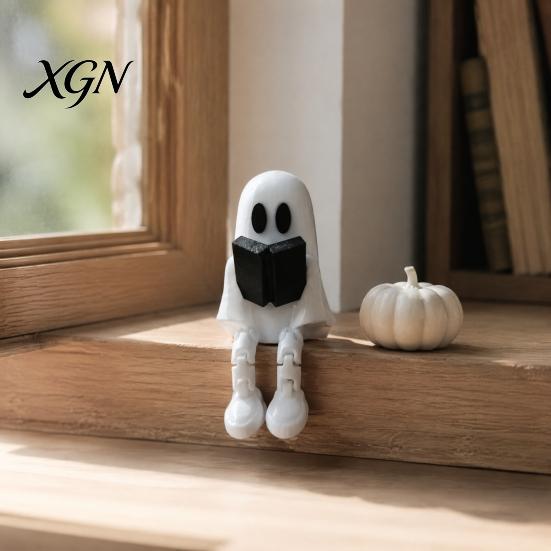 Desktop Ghost Figurine Reading with Articulated Legs, 3D Printed Sitting PLA Ornament Statue, White Desk for Halloween Decoration Miniature Decor