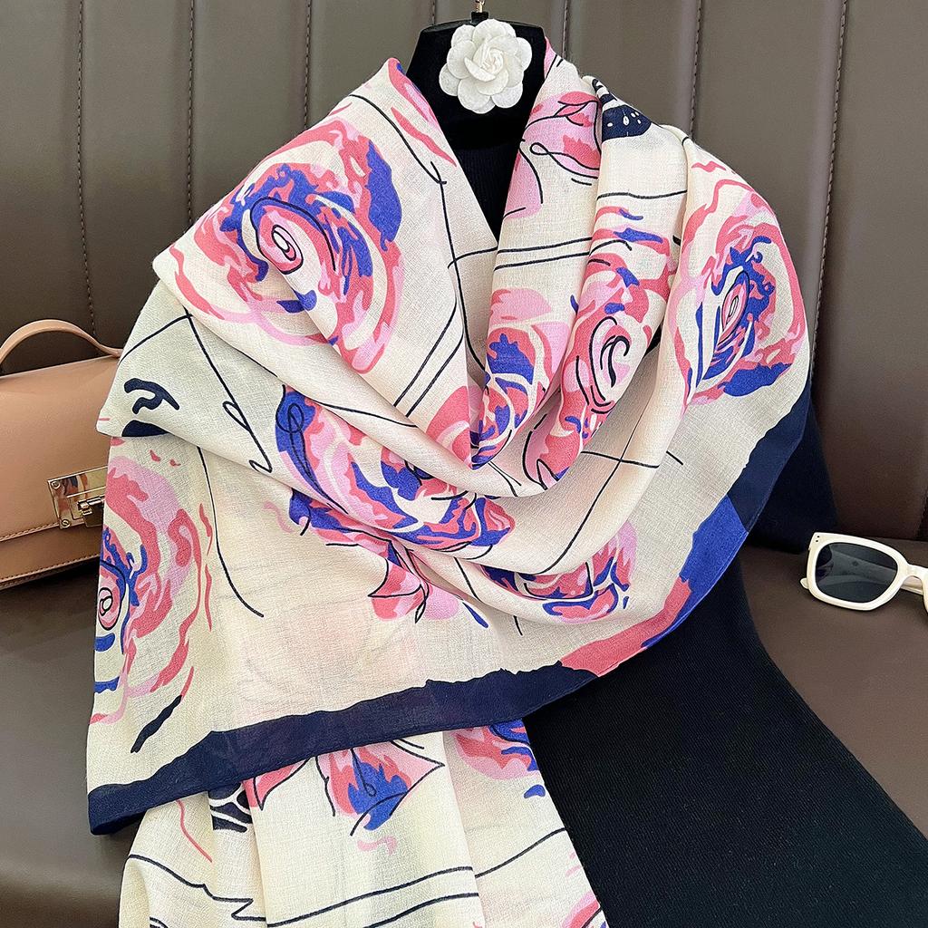 New Korean version of Xiaoxiangfeng camellia cotton and linen scarf, foreign style, fashionable and versatile, autumn and winter neck protection