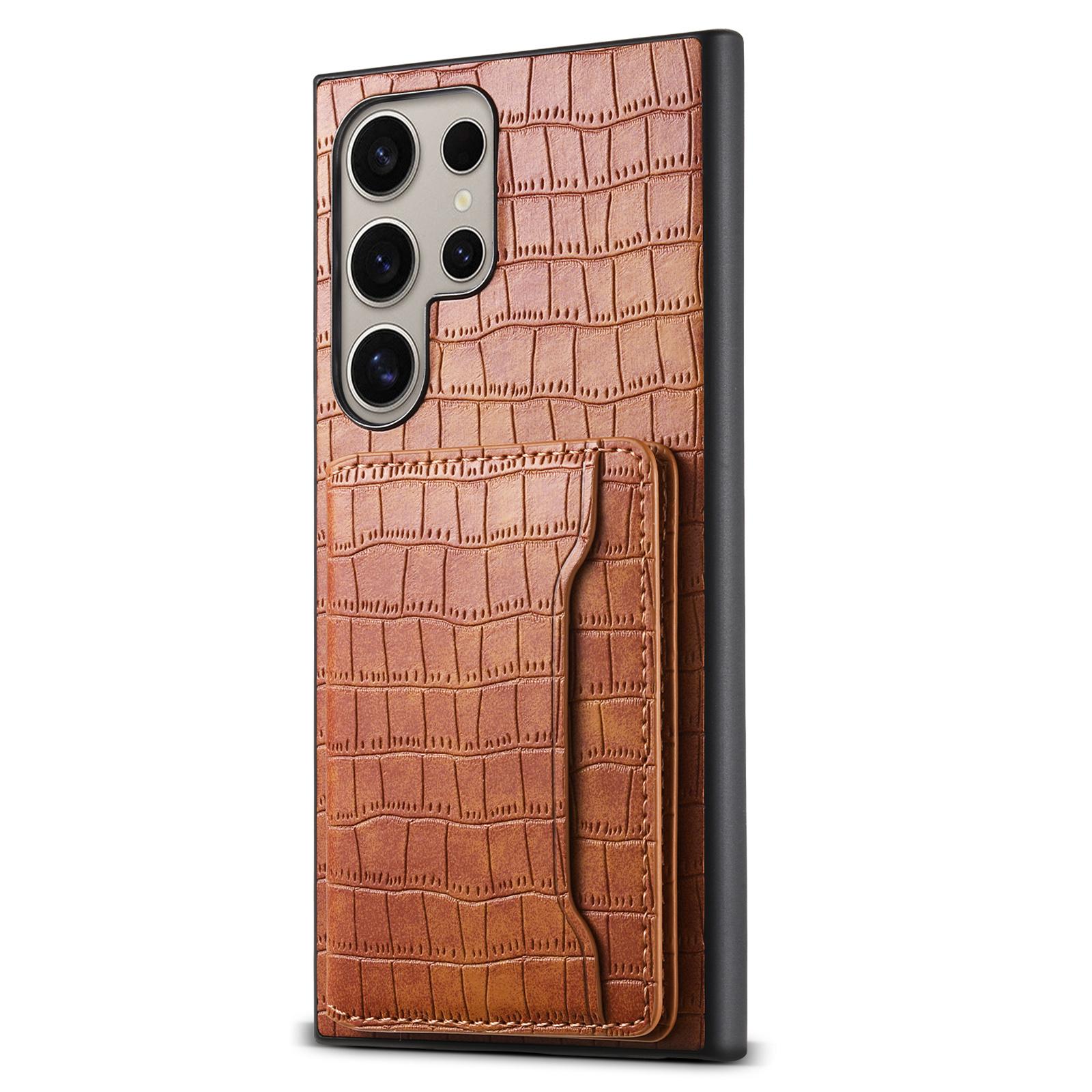 

Для Samsung Galaxy S25 Ultra Чехол Держатель для карт Подставка Кожаная задняя крышка телефона с текстурой крокодила Brown