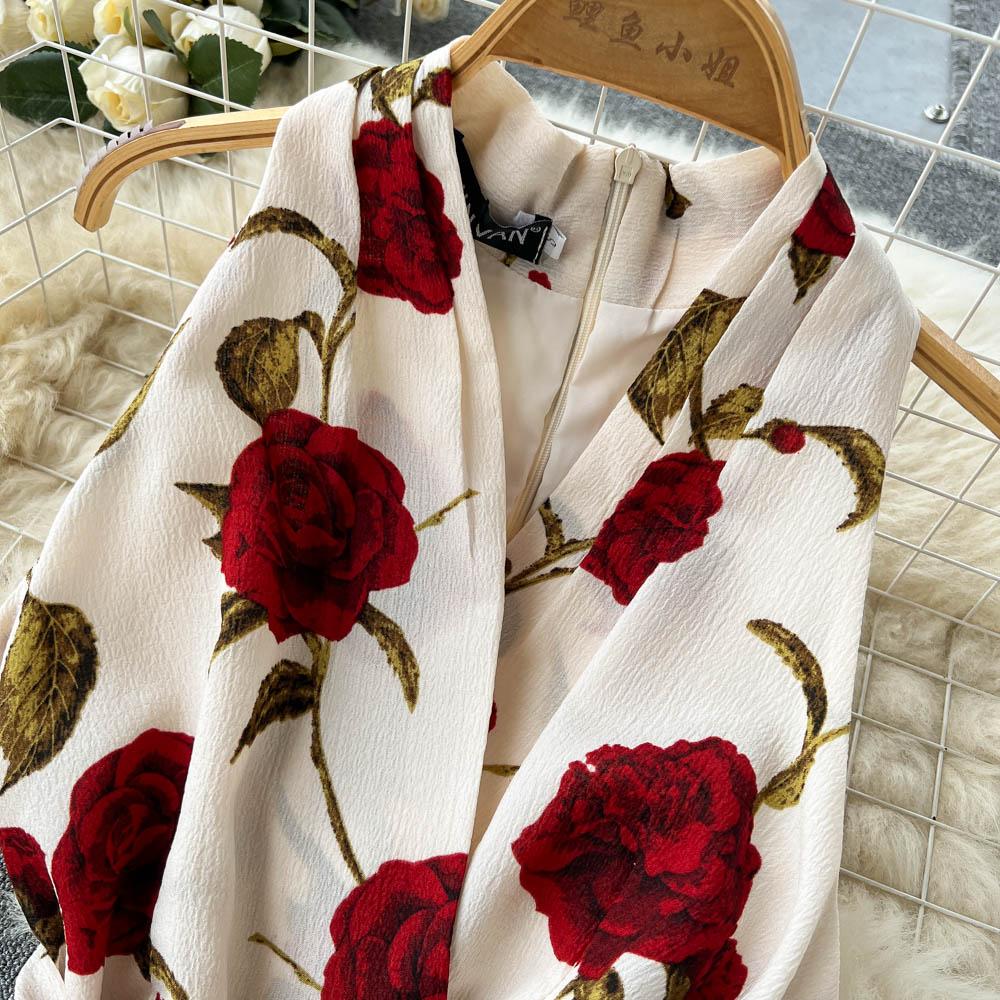 Retro Print Dress  Summer New Goddess Fan Temperament V-Neck Tie Waist Thin Mid-Length Dress