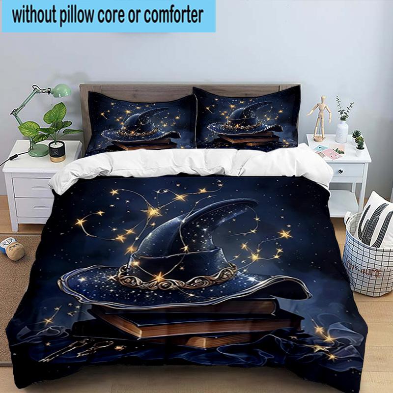 Witch's Hat And Crescent Moon 3pcs Bedding,Including 1pc Duvet Cover And 2pcs Pillowcases Perfect for Christmas,Ideal for Bedroom, Dormitory