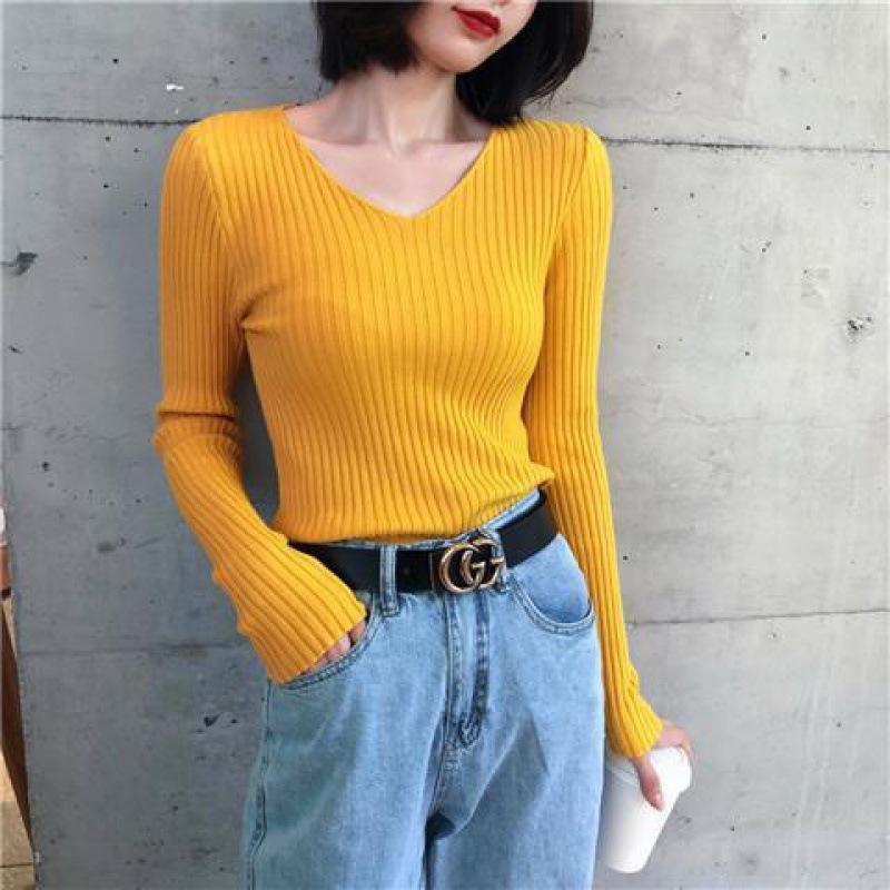 Bottoming Sweater Tees Women Autumn Single-Breasted Long Sleeve V-Neck Knitted Tops Fmale Solid Pullover Tops