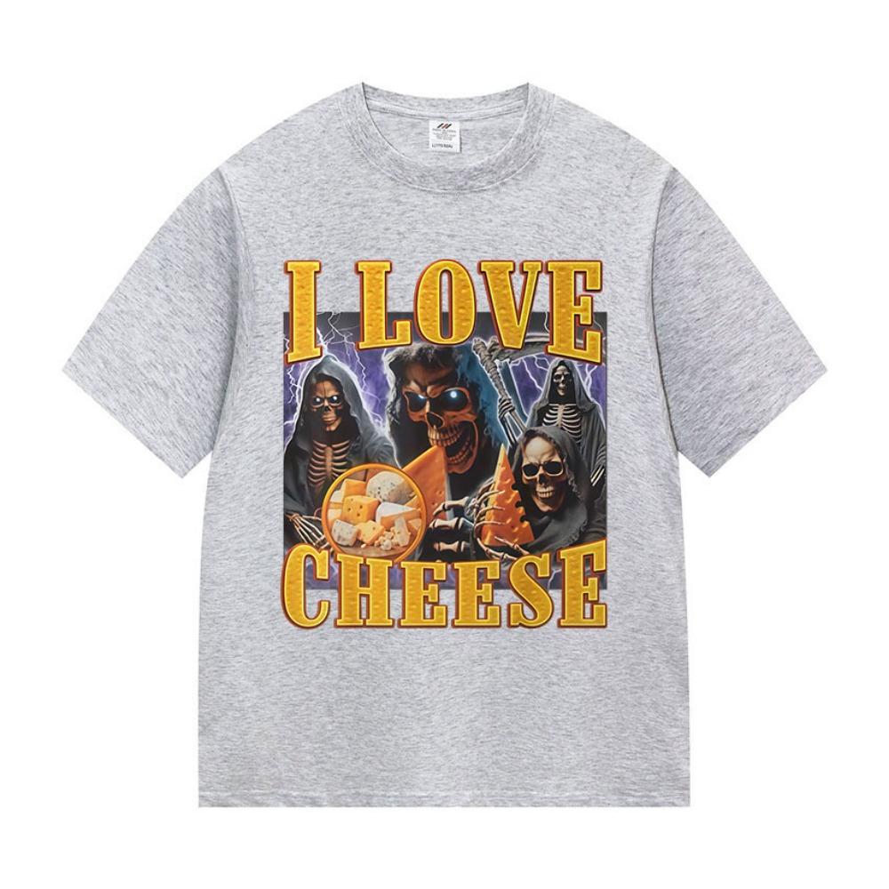 Lustige Ich Liebe Käse Skelett Grafik T-Shirts Herren Damen Vintage Harajuku Kurzarm T-Shirt Sommer Baumwolle Tops