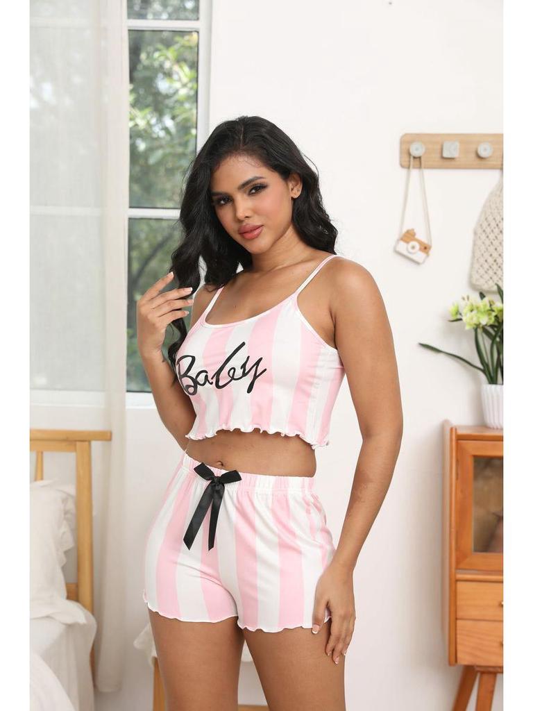 European Summer Fashion Women's Color Block Camisole and Shorts Pajama Set