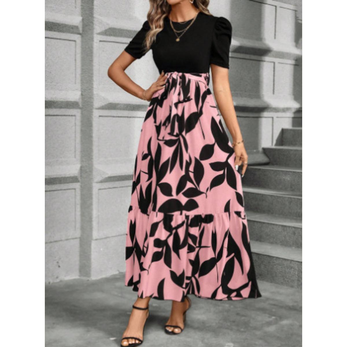 Women s Clothing, Spring and Summer Clothing, Floral Prints, Round Neck Dresses, Vacation Style, Elegant Dresses S розовый