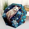 1pc Stained Glass Cat with Blue Flowers Automatic Folding Umbrella - Portable 3-Fold Design, 8-Bone Iron Frame Outdoor Umbrella, Ideal Gift for Fans,