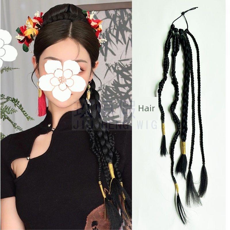 Wig New Chinese Style Female Ponytail Cable Stitch Long Braid New Chinese Twisted Gold Thread Braid Bridal Hairstyle Photography Dreadlocks