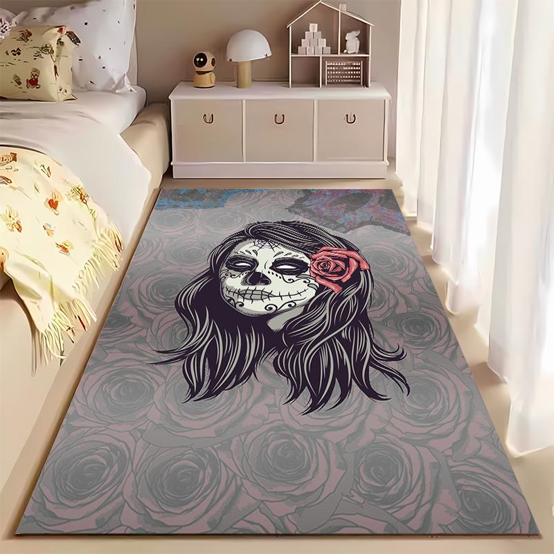 Day of the Dead Girl with Rose Motif Non-slip rug suitable for living room and bedroom sofas.