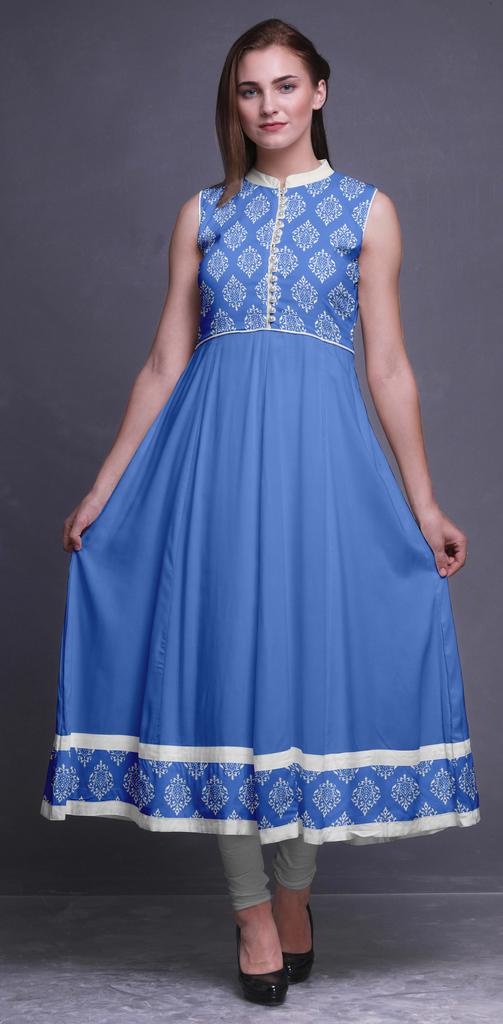 Bimba Blue Damask Indian Kurtis For Women Solid Readymade Anarkali Dress Printed Indian Kurti