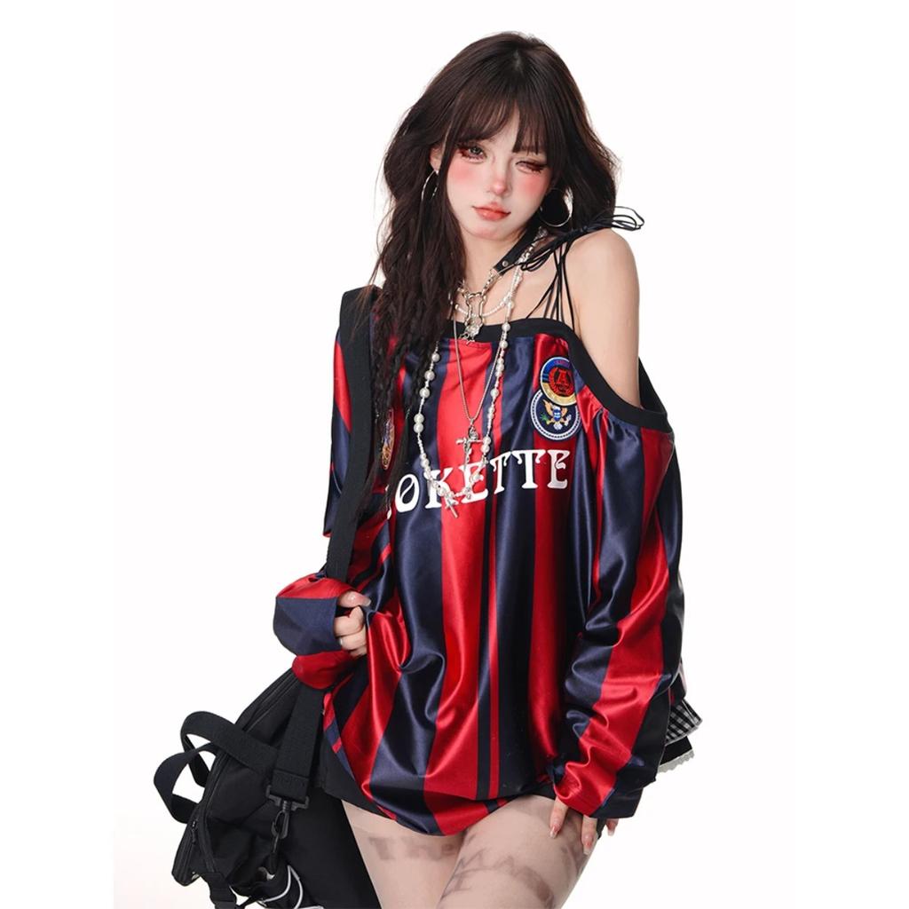 High Quality American Sloping Shoulder Baseball Jersey Hoodie Women's Loose Striped T-shirt Sports Top Y2k